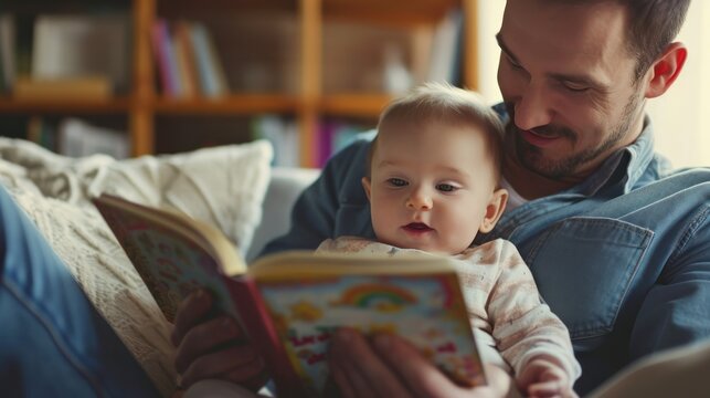 Happy father relax and read book with baby time together at home. parent sit on sofa with daughter and reading a story. learn development, childcare, laughing, education, storytelling, practice.