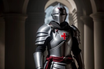 Fototapeta premium Templar Knight with Armor and Horse and Red Cross. Generated AI