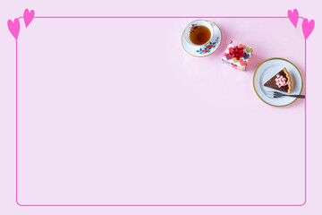 バレンタイン　手作りチョコレートタルトとプレゼントと紅茶のフレーム（ペールピンクの背景）