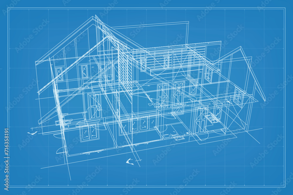 Wall mural 3d render of building wireframe structure. perspective wireframe of house exterior. abstract constru