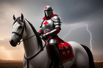 Templar Knight, Horse and background Lightning. Generated AI - obrazy, fototapety, plakaty
