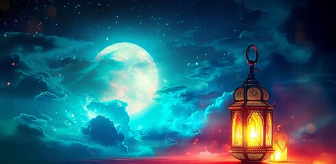 Ramadan Kareem - Moon And Arabian Lantern With Blue Sky At Night With Abstract Defocused Lights - Eid Ul Fitr - obrazy, fototapety, plakaty
