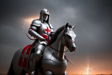 Naklejka premium Switzerland Templar Knight with Armor and Horse and Red Cross. Generated AI