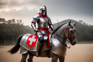Swiss Knight with Armor and Horse and Swiss Flag. Generated AI - obrazy, fototapety, plakaty