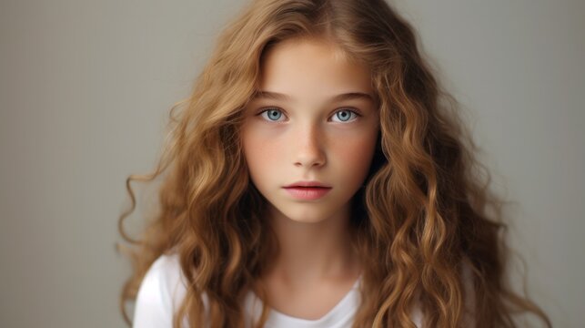 portrait of a beautiful young caucasian white American model teen girl looking forward. child ad with copy space, children, beauty, pretty