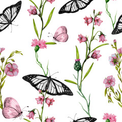 Beautiful hand drawn seamless pattern with watercolor  butterflies and flowers - 716358313