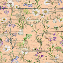 Seamless botanical hand drawn pattern on old wooden background - 716358534