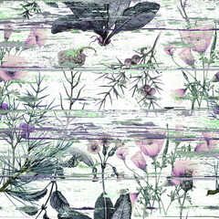 Seamless botanical hand drawn pattern on old wooden background - 716358571