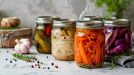Close up of pickled vegetables in jars