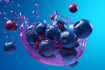 Fresh blueberries flying with water splashes on bright color background