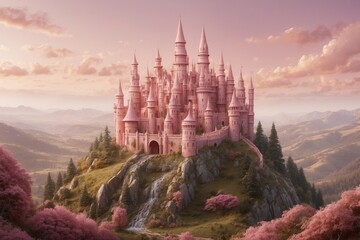 "A whimsical pink castle sits upon a rolling hill, its walls adorned with intricate details and its surroundings bathed in a dreamy pink hue."