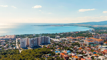 Fototapeta na wymiar Gelendzhik, Russia. View of Gelendzhikskaya Bay. Panorama of the city. Black Sea, Aerial View
