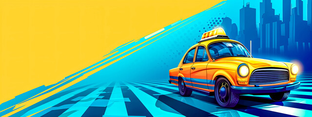 yellow taxi on a dynamic blue and yellow background with an urban skyline, creating a sense of motion and energy. - obrazy, fototapety, plakaty