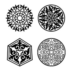 Islamic ornament vector, persian motiff. Asian floral designs. Abstract Asian elements of the national pattern of the ancient nomads of the Kazakhs. Circular geometric symbols set. Abstract mosaic.
