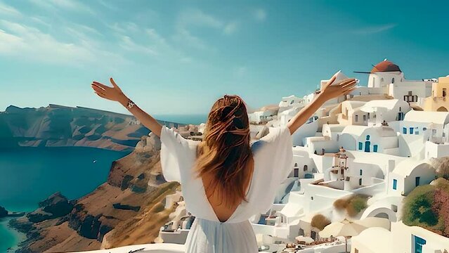 Happy woman in Greece on Santorini. Selective focus. Travel.