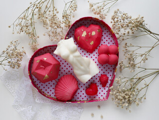 gift concept for valentine's day. set of soy candles made of natural soy wax in a gift box	