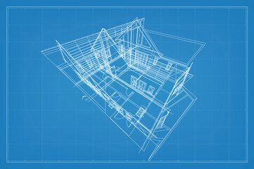 3D render of building wireframe structure. Perspective wireframe of house exterior. Abstract construction graphic idea. Vector illustration.