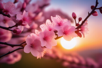 Branches with fresh pink flowers in full bloom against the sunset sky.