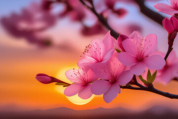 Branches with fresh pink flowers in full bloom against the sunset sky.