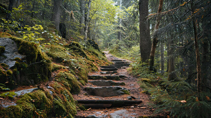 Stairs in the forest. The concept of hiking and tourism.