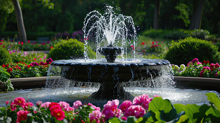Beautiful fountain in the city park. Summer landscape with flowers.