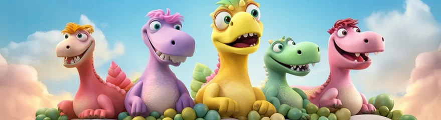  A delightful scene featuring cartoon dragon and dinosaur characters, joyfully coming together for children's playtime and friendship. © Murda