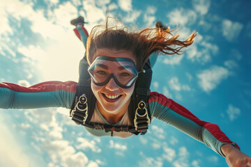 Young woman skydiving with a parachute in the air. Extreme sport. - Powered by Adobe