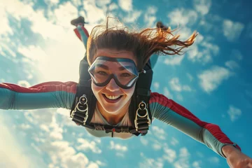 Tuinposter Young woman skydiving with a parachute in the air. Extreme sport. © YULIYA