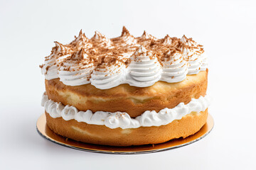 Cake with whipped cream on a white background, close-up.