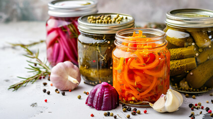 Close up of pickled vegetables in jars