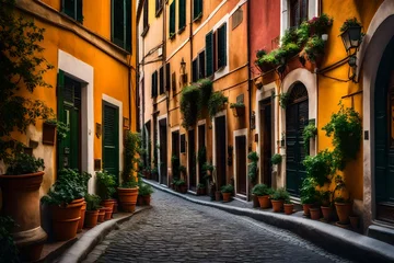 Fototapete Rund Cozy street in Trastevere, Rome, Europe. Trastevere is a romantic district of Rome, along the Tiber in Rome. Turistic attraction of Rome © Nazir