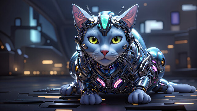 3D Animation Style An awe-inspiring alien cyborg cat in the night