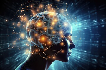 Brain puzzle, jigsaw: Occipital bone childhood disorder study. Brainwave convergence iridescent cognitive flux. Head imaging intellectual advancement detecting dementia, cognitive brain challenges