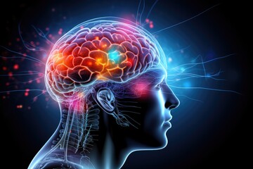 Fototapeta premium Brain puzzle, jigsaw: Occipital bone childhood disorder study. Brainwave convergence iridescent cognitive flux. Head imaging intellectual advancement detecting dementia, cognitive brain challenges