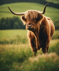 A highland cow in a green field
