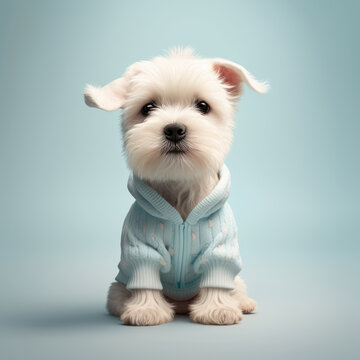 Dog schnauzer outfit portrait. Schnauzer dog puppy breed wearing blazer cardigan for winter photoshoot. Generative ai. 
