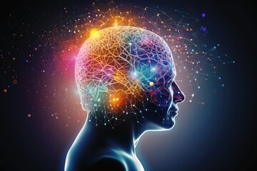 Brain puzzle, jigsaw: Occipital bone childhood disorder study. Brainwave convergence iridescent cognitive flux. Head imaging intellectual advancement detecting dementia, cognitive brain challenges