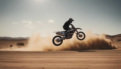 Obraz premium A person doing motocross on a dirt and dusty road. doing acrobatic stunts in the air 