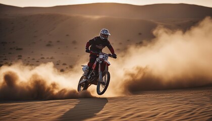 A person doing motocross on a dirt and dusty road. doing acrobatic stunts in the air
