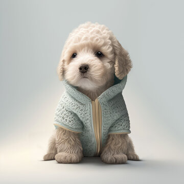 Dog poodle outfit portrait. Poodle maltese puppy breed wearing knitted blazer cardigan for winter season photo shoot. Generative ai.
