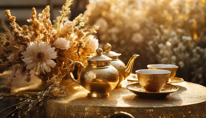 Enchanting Elegance: Golden Tea Set Adorned with Dried Flowers in Warm Light
