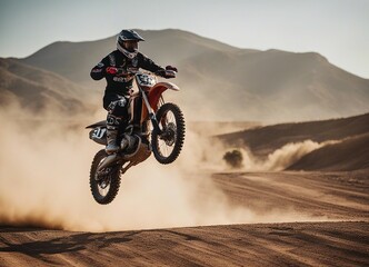 A person doing motocross on a dirt and dusty road. doing acrobatic stunts in the air
