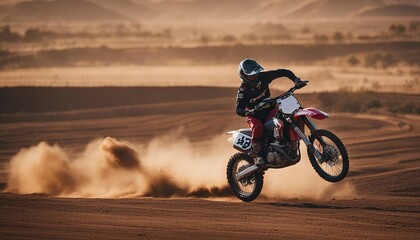 A person doing motocross on a dirt and dusty road. doing acrobatic stunts in the air
