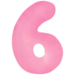 Number 6 pink painted in watercolor, vector illustration.