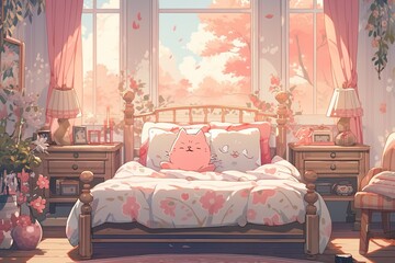 pink aesthetic bedroom background in pixel art style.