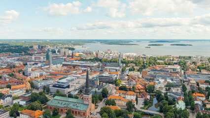 Vasteras, Sweden. Westeros Cathedral. Panorama of the central part of the city. Summer day, Aerial View