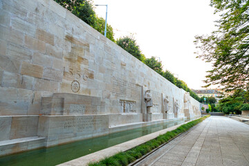 Geneva, Switzerland - July 13, 2019: International Monument to the Reformation. Commonly known as: Mur des Reformateurs - Reformatiion Wall - obrazy, fototapety, plakaty
