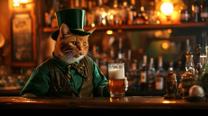 Cat-barman dressed in green clothes for St Patrick day in the irish pub preparing beer - obrazy, fototapety, plakaty