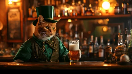 Foto op Plexiglas Cat-barman dressed in green clothes for St Patrick day in the irish pub preparing beer © AnaV