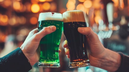 Close up of two hands with green colored beer and dark beer cheers - obrazy, fototapety, plakaty